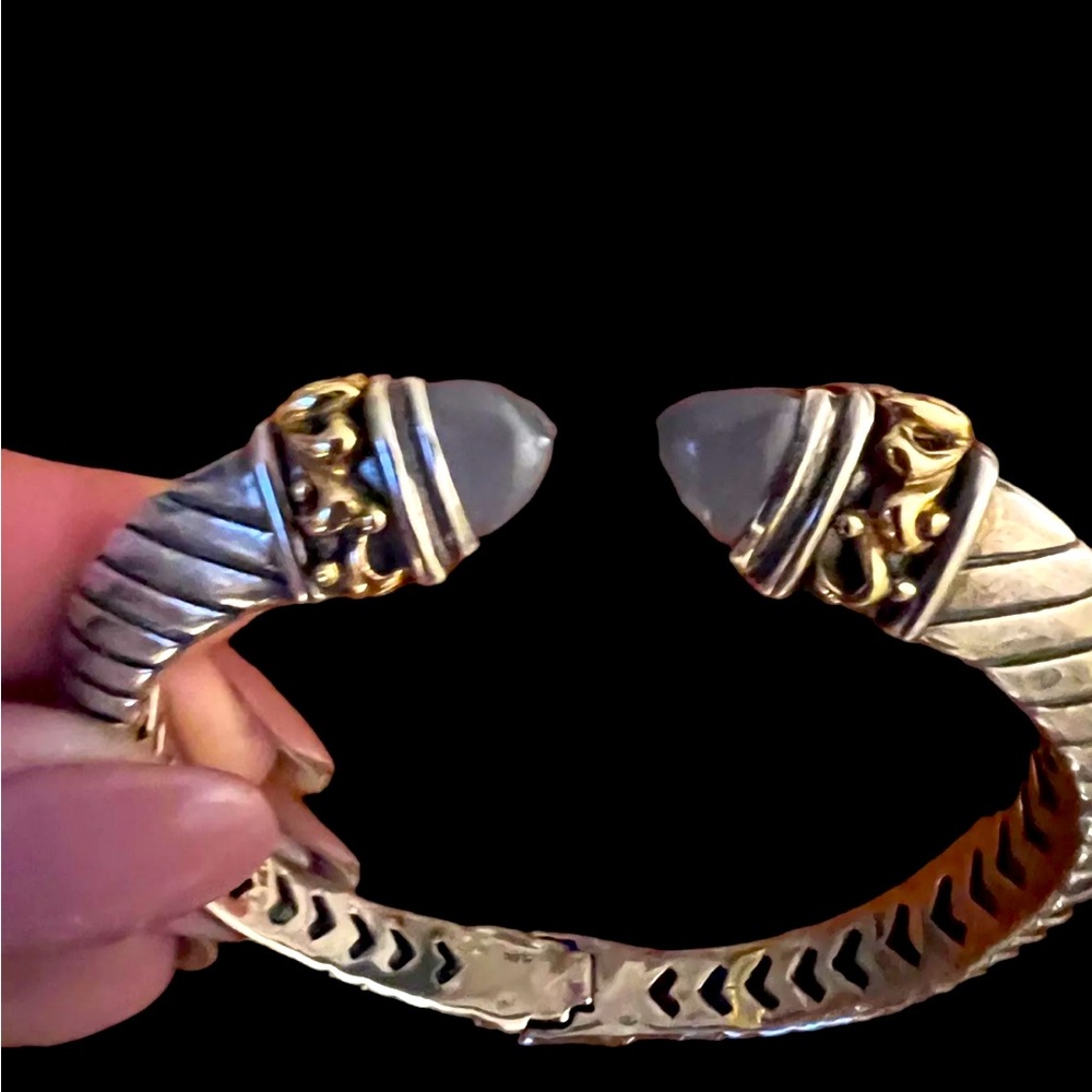 Samuel Benham Sterling Silver & 14K Gold Chalcedony Hinged Cable Cuff Bracelet